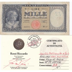 1000 LIRE ITALIA ORNATA DI PERLE 1947, SERIE SOSTITUTIVA , PERIZIATA BB