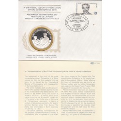 INTERNETIONAL SOCIETY OF POSTMASTERS OFFICIAL COMMEMORATIVE ISSUE MEDAGLIA IN ARGENTO  '' IN COMMEMORATION OF THE 100TH ANNIVERSARY OF THE BIRTH OF ALBERT SCHWEITZER