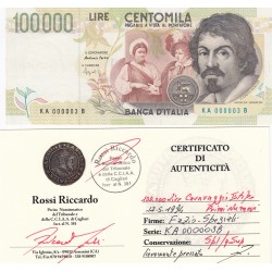 100000 LIRE CARAVAGGIO II TIPO , PRIMI NUMERI , PERIZIATA SPL/Q.SUP