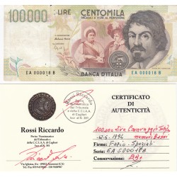 100000 LIRE CARAVAGGIO II TIPO , NUMERI BASSI  , PERIZIATA BB+