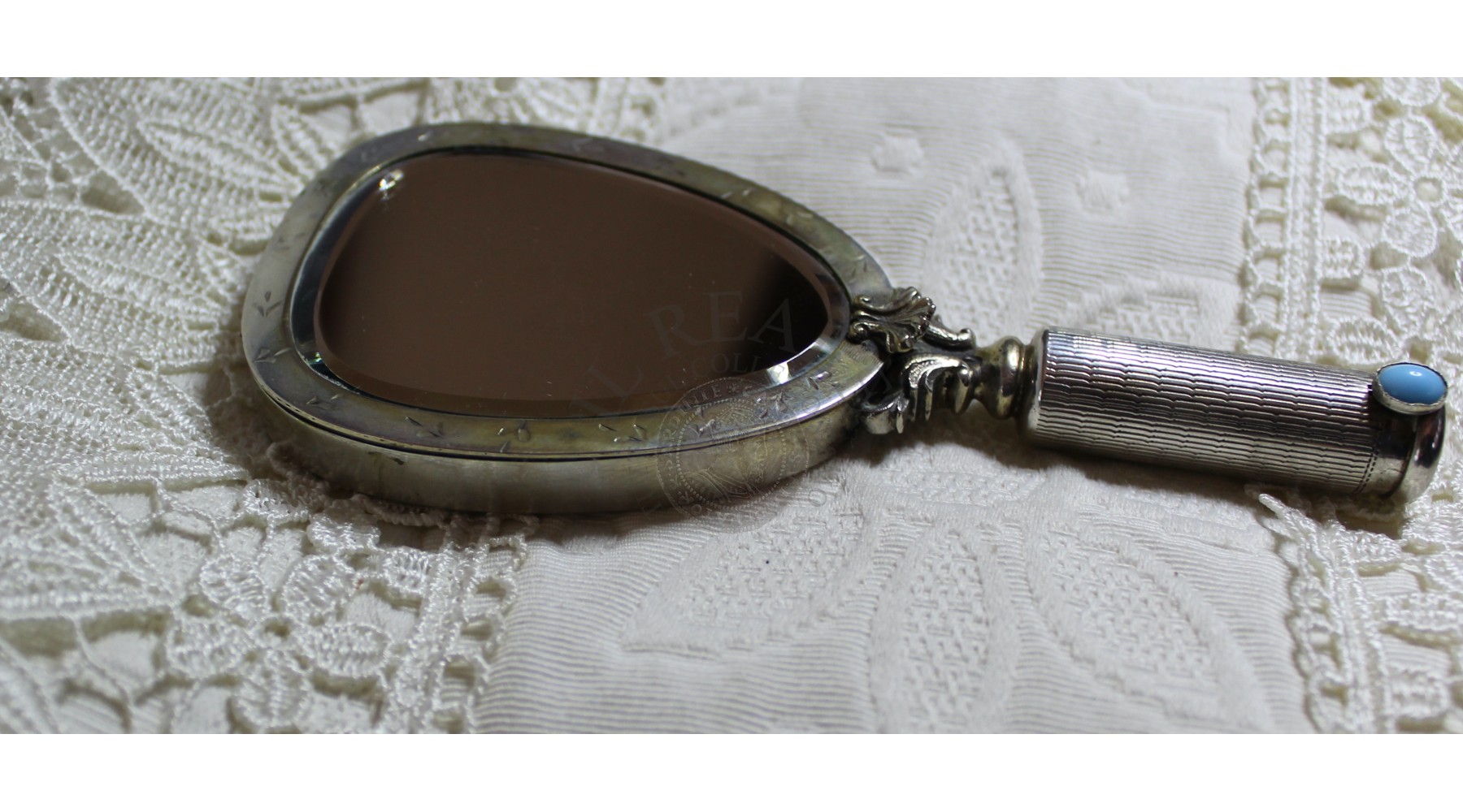 Antico specchio da borsetta portacipria e rossetto in argento 800