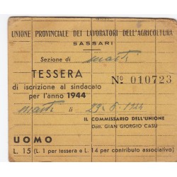 UNIONE PROVINCIALE DEI LAVORATORI DELL'AGRICOLTURA SASSARI TESSERA DI ISCRIZIONE PER L'ANNO 1944 